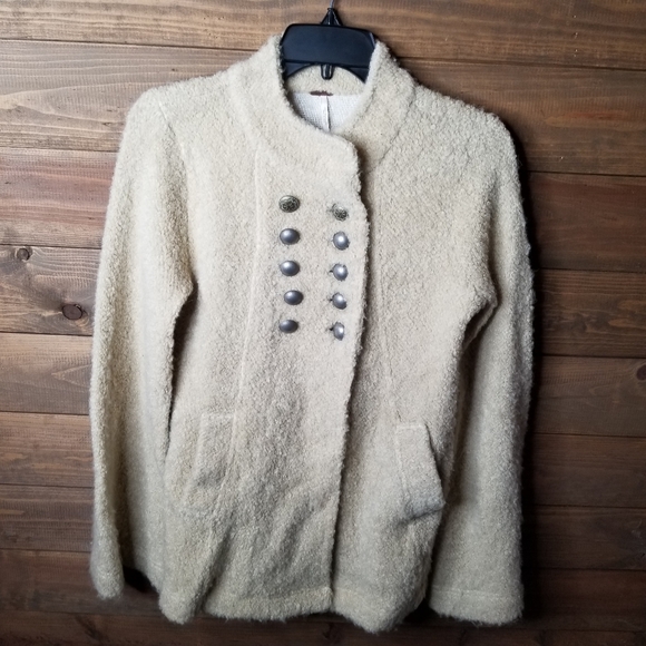 Free People Jackets & Blazers - Free People Cornflower Tan Alpaca Wool Military Teddi Sweater Bell Sleeve Size M